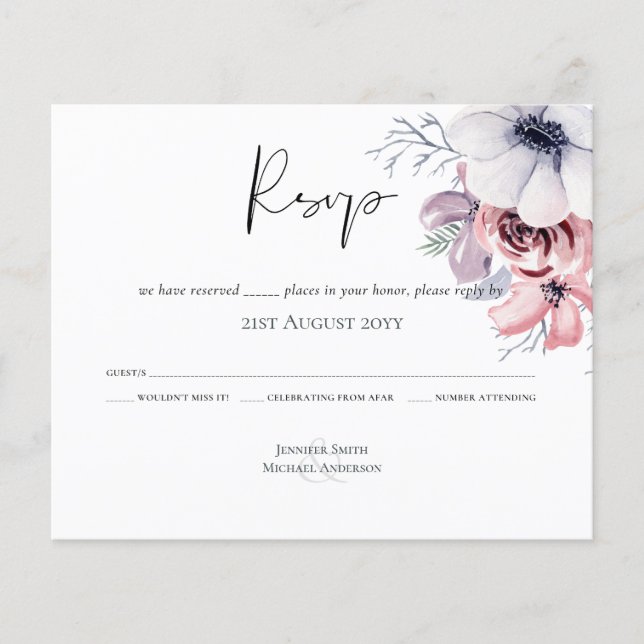 Dusty Blue Coral Floral Script Wedding RSVP Budget (Vorderseite)