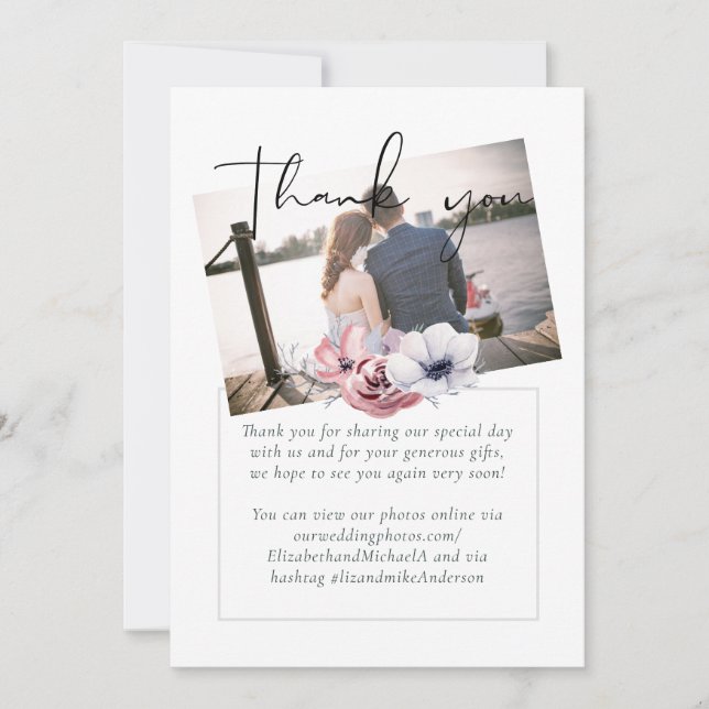 Dusty Blue Coral Floral Script Wedding Vielen Dank (Vorderseite)