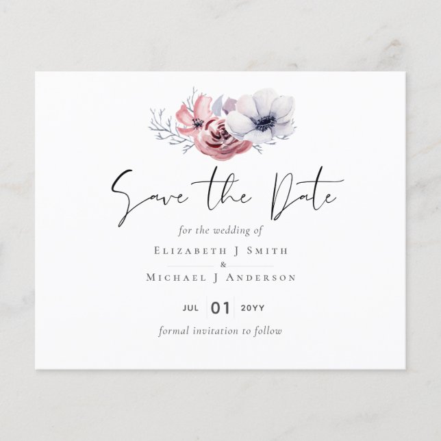 Dusty Blue Coral Floral Wedding Rett Date Budget (Vorderseite)