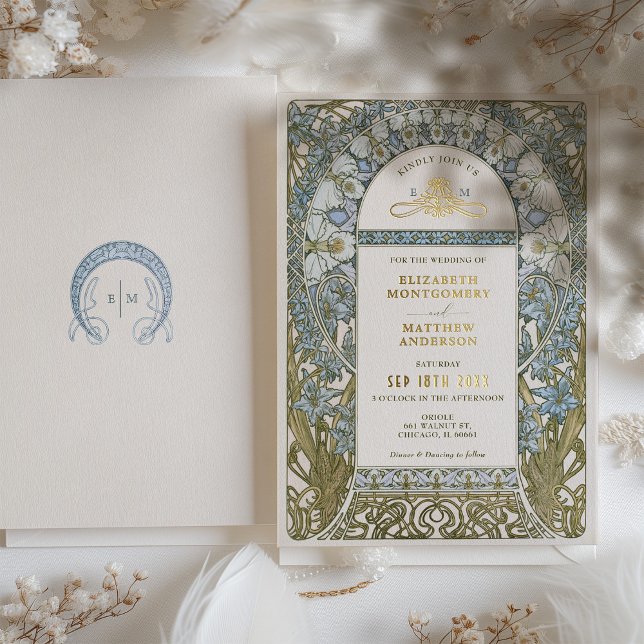 Dusty Blue Cornflower Wedding Art Nouveau Mucha Folieneinladung (Von Creator hochgeladen)