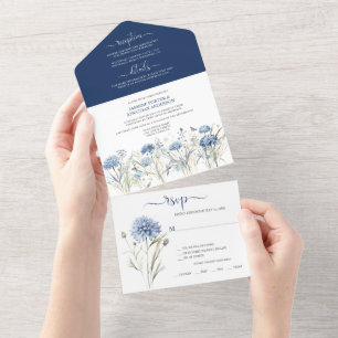 Dusty Blue Cornflowers, Sweet William Wedding All In One Einladung