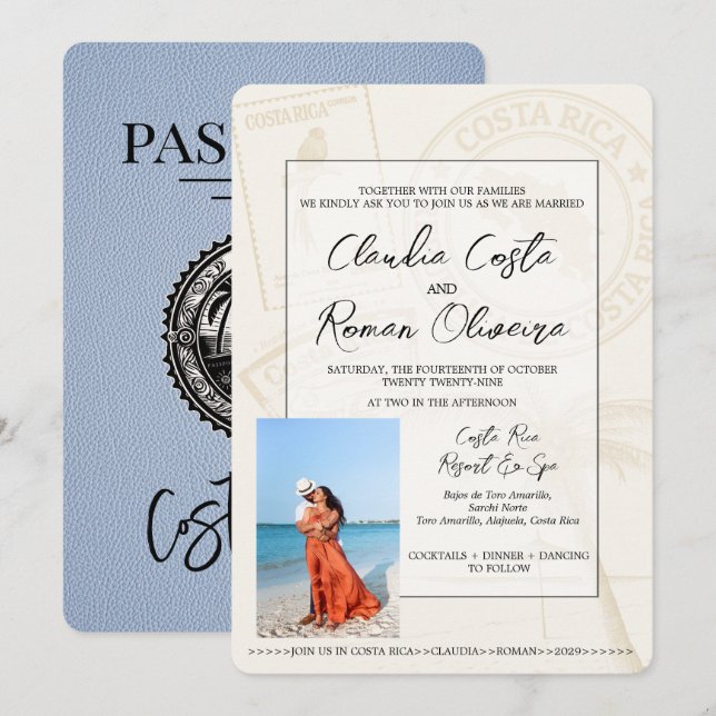 Dusty Blue Costa Rica Passport Hochzeit Einladung (Vorne/Hinten)