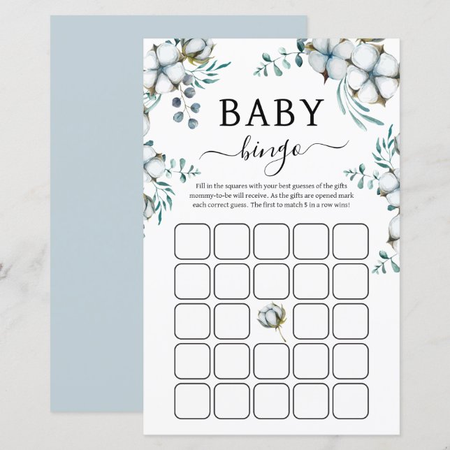 Dusty Blue Cotton Blume Baby Shower Bingo Game (Vorne/Hinten)