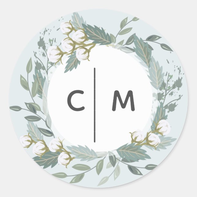 Dusty Blue Cotton Garden Wreath Monogram Wedding Runder Aufkleber (Vorderseite)