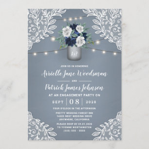 Dusty Blue Country Lace Mason Jar Engagement Party Einladung