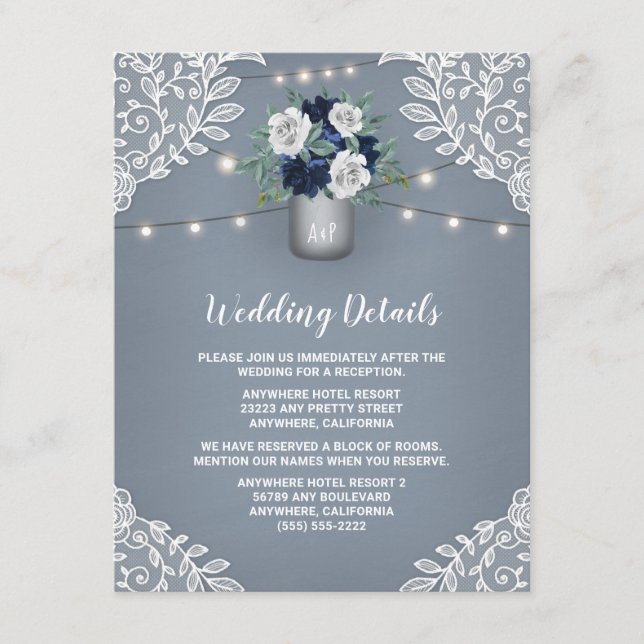 Dusty Blue Country White Lace Mason Jar Wedding Begleitkarte (Vorderseite)