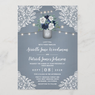 Dusty Blue Country White Lace Mason Jar Wedding Einladung