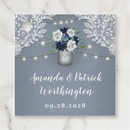 Dusty Blue Country White Lace Mason Jar Wedding Geschenkanhänger