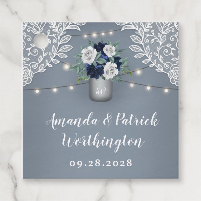 Dusty Blue Country White Lace Mason Jar Wedding Geschenkanhänger (Vorderseite)