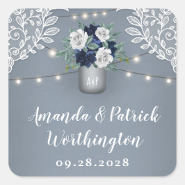 Dusty Blue Country White Lace Mason Jar Wedding Quadratischer Aufkleber
