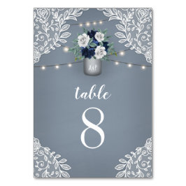 Dusty Blue Country White Lace Mason Jar Wedding Tischnummer