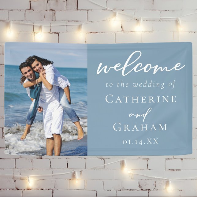 Dusty Blue Couple Foto Coastal Wedding Banner (Von Creator hochgeladen)
