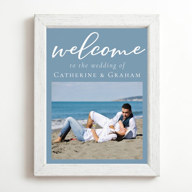 Dusty Blue Couple Foto Minimalistisch Wedding Poster (Von Creator hochgeladen)