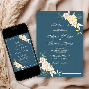 Dusty Blue Cream Floral Branch Muslime Hochzeit Einladung