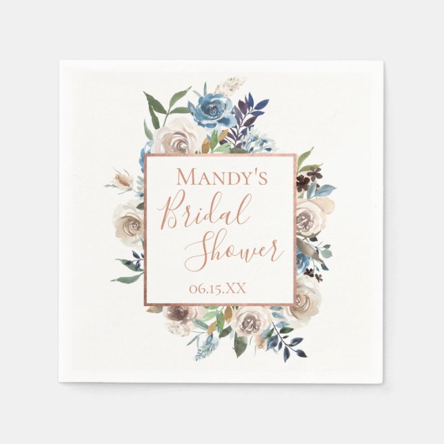 Dusty Blue Cream Floral Personalisiert Serviette (Vorderseite)