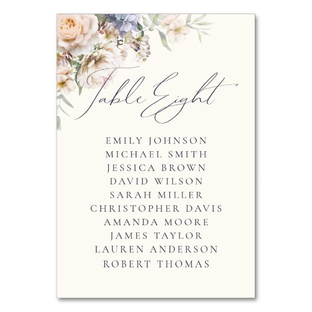 Dusty Blue Cream Floral Table Eight Guest Names Tischnummer (Vorderseite)