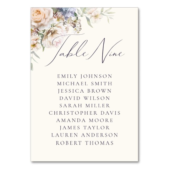Dusty Blue Cream Floral Table Neun Gastnamen Tischnummer (Vorderseite)