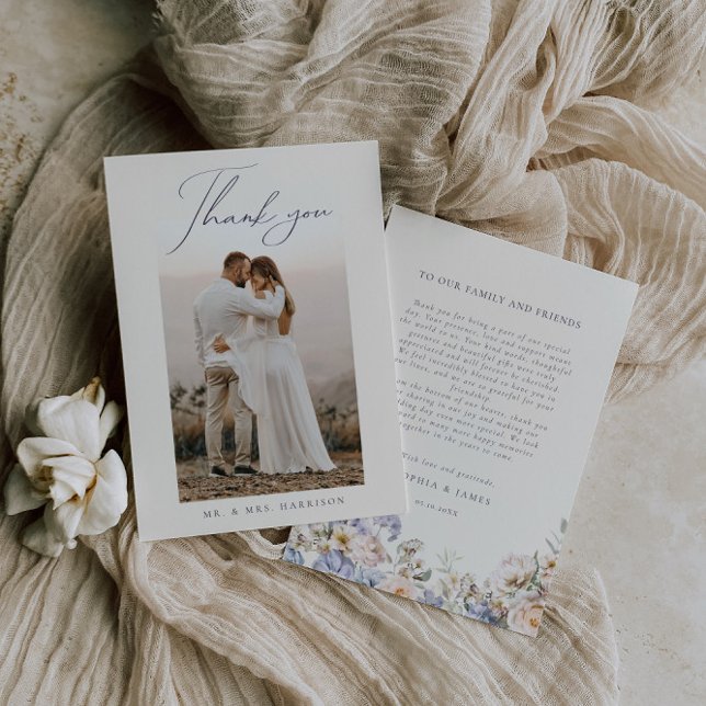 Dusty Blue Cream Floral Wedding Foto Dankeskarte (Von Creator hochgeladen)