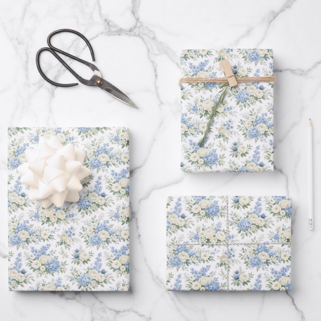 Dusty Blue Cream Florals Wedding Bridal Shower Geschenkpapier Set (Vorderseite)