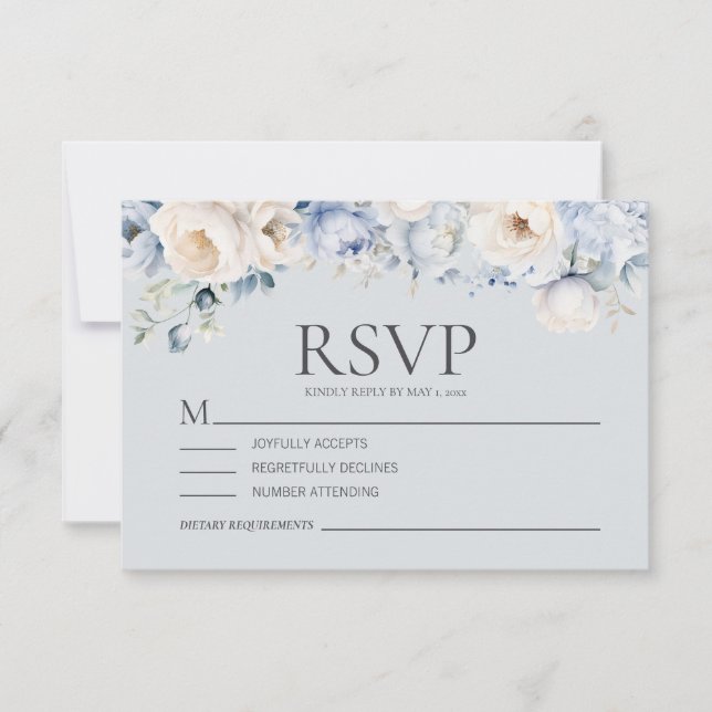 Dusty Blue Cream White Floral Wedding RSVP Karte (Vorderseite)
