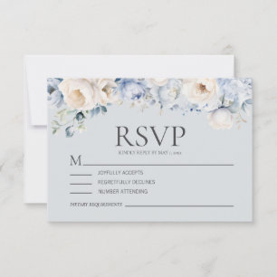 Dusty Blue Cream White Floral Wedding RSVP Karte
