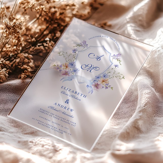 Dusty Blue Crest Floral Wedding Acryleinladungen (Von Creator hochgeladen)