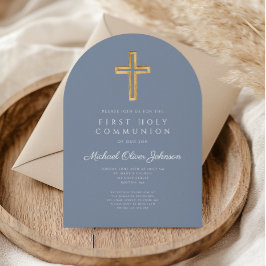 Dusty Blue Cross Boy First Communion Arch Einladung