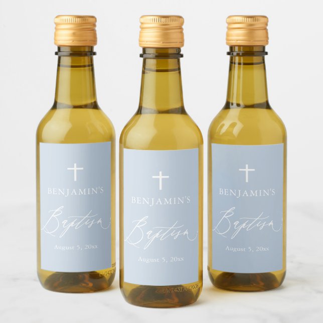 Dusty Blue Cross Boy Taufe Mini Wine Label Weinetikett (Flaschen)