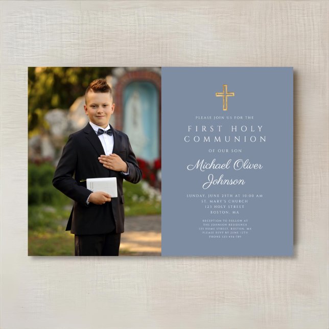 Dusty Blue Cross Foto Boy First Communation Einladung (Dusty Blue Cross Photo Boy First Communion Invitation)
