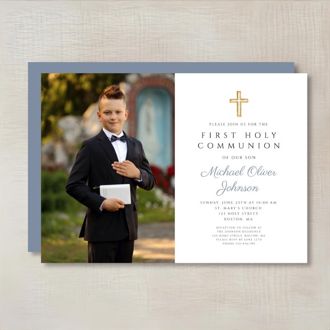 Dusty Blue Cross Foto Boy First Communation Einladung (Dusty Blue Cross Photo Boy First Communion Invitation)