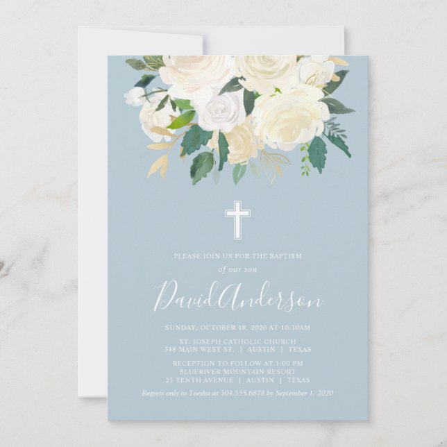 Dusty Blue Cross mit Cream Florals, Boy-Taufe Einladung (Vorderseite)