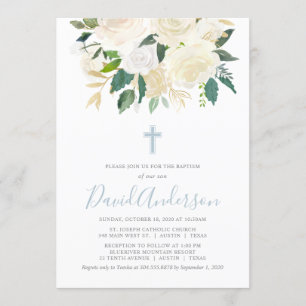 Dusty Blue Cross mit Cream Florals, Junge Taufe Einladung