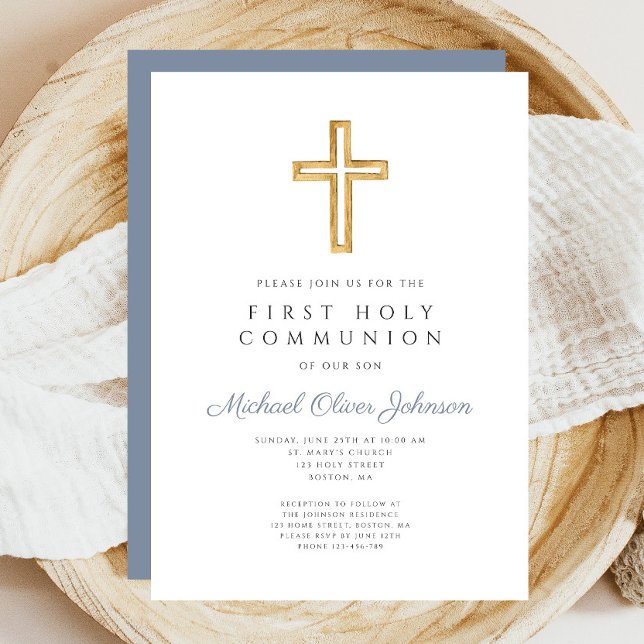 Dusty Blue Cross Religious Boy First Communation Einladung (Dusty Blue Cross Religious Boy First Communion Invitation)