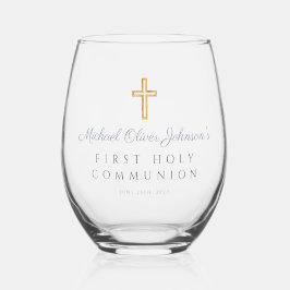 Dusty Blue Cross Religious Boy First Communation Weinglas Ohne Stiel