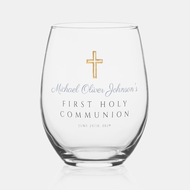 Dusty Blue Cross Religious Boy First Communation Weinglas Ohne Stiel (Vorderseite)
