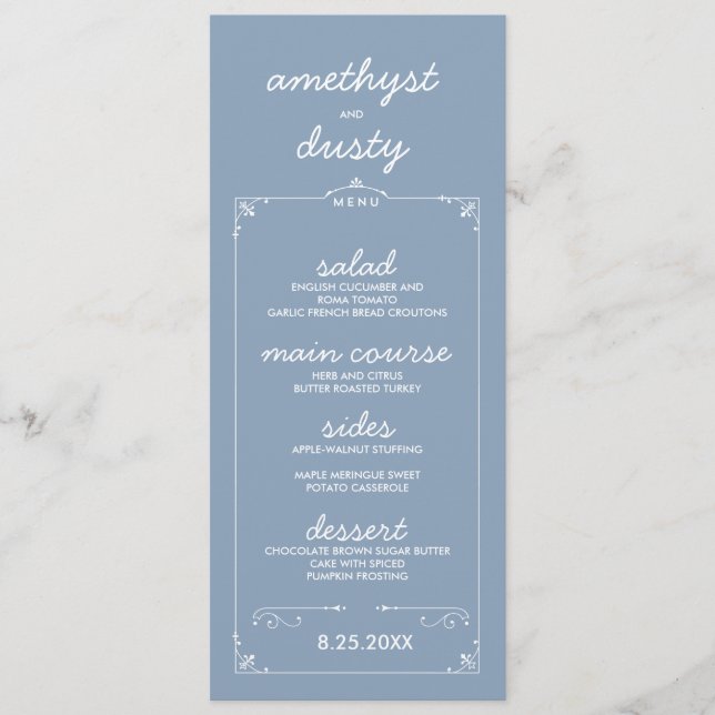 Dusty Blue Custom Color Wedding Menu Cards Menükarte (Vorderseite)