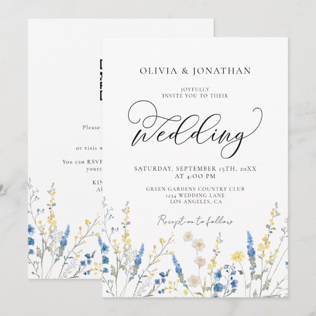 Dusty Blue Dainty All in 1 Budget QR Code Wedding Einladung (Vorne/Hinten)