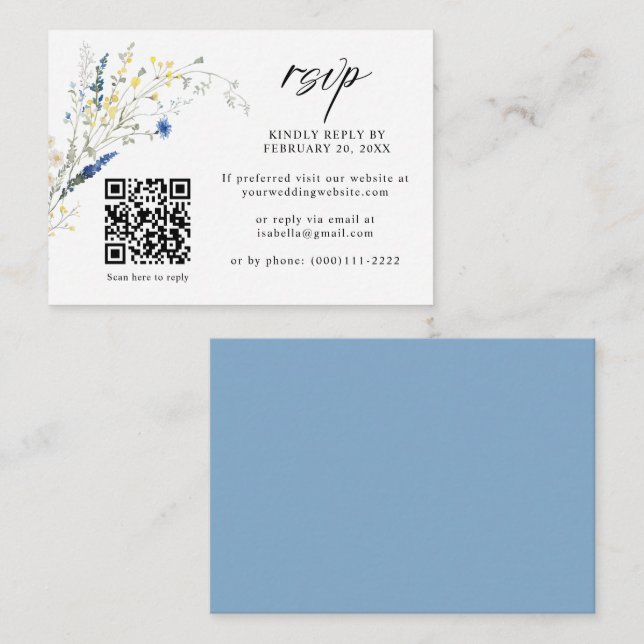 Dusty Blue Dainty Floral QR Code Wedding RSVP Begleitkarte (Vorne/Hinten)