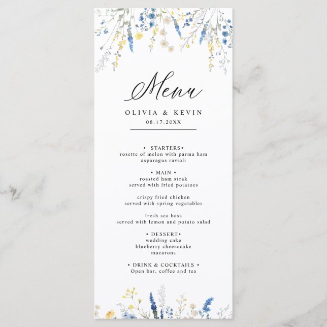 Dusty Blue Dainty Wild Floral Rustic Boho Wedding Menükarte (Vorderseite)