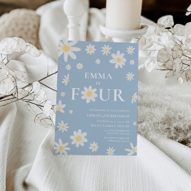 Dusty Blue Daisy 4. Vier Geburtstag Einladung (Von Creator hochgeladen)