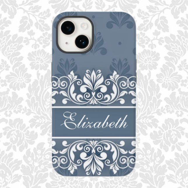 Dusty blue Damask wirl name Case-Mate iPhone Case (Von Creator hochgeladen)