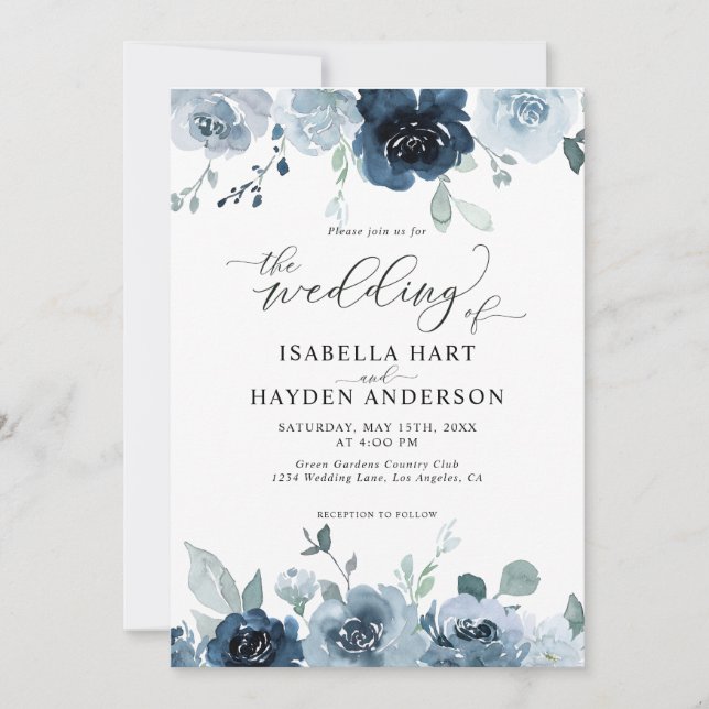Dusty Blue Dark Navy Slate Floral Pastel Hochzeit Einladung (Vorderseite)