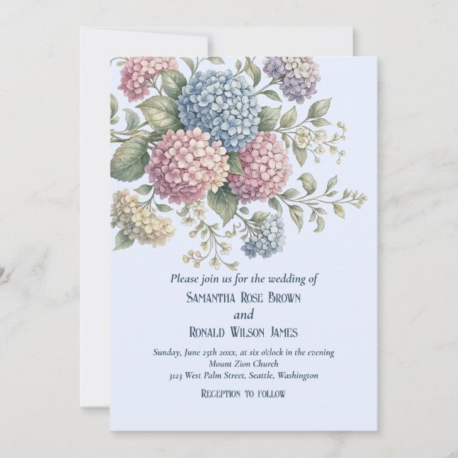 Dusty Blue Delicate Hydrangea Flowers Wedding Einladung (Vorderseite)
