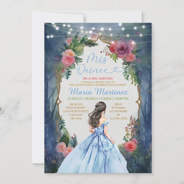Dusty Blue Dress Dark Forest Floral Mis Quince Einladung (Vorderseite)