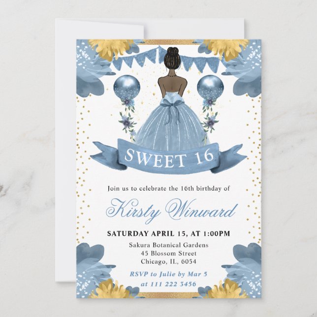 Dusty Blue Dress Dark Skin Princess Sweet 16 Einladung (Vorderseite)