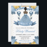 Dusty Blue Dress Dark Skin Princess Sweet 16 Einladung<br><div class="desc">Elegante Aquarell dunkle Skin Prinzessin in staubblauer Kleidung mit blauen und goldenen Blume,  Ballons und vergoldeten Glitzer Konfetti.</div>