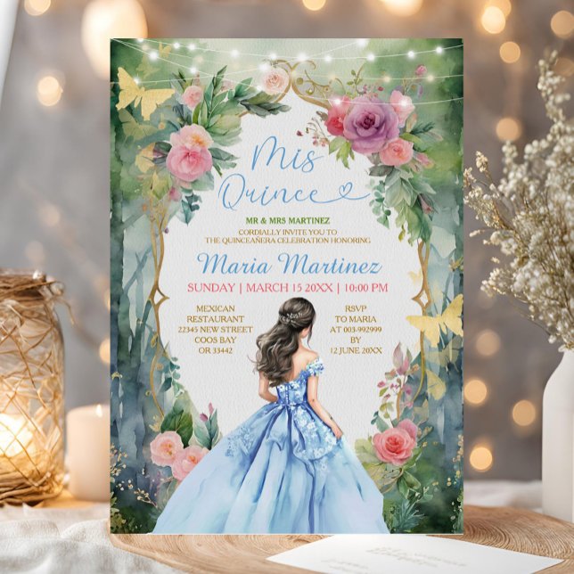 Dusty Blue Dress Forest Pink Floral Mis Quince Einladung (Von Creator hochgeladen)