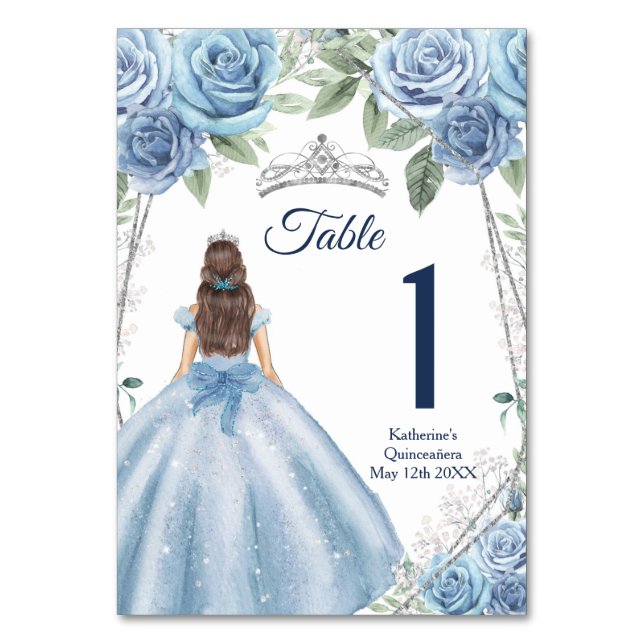 Dusty Blue Dress Quinceañera Birthday Tischnummer (Vorderseite)