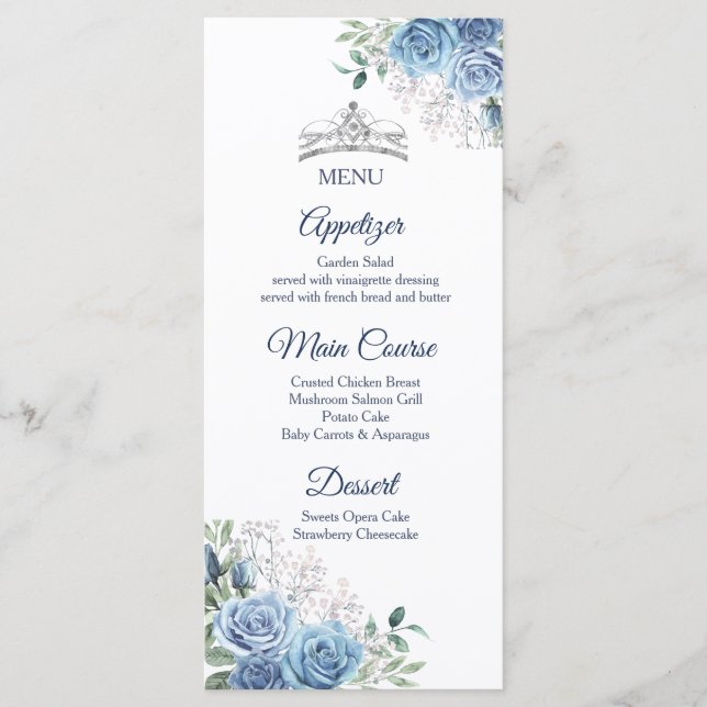 Dusty Blue Dress Quinceañera Menu Card Menükarte (Vorderseite)