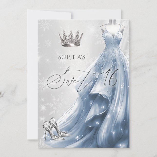 Dusty Blue Dress Snowflakes Winter Sweet 16 Einladung (Vorderseite)